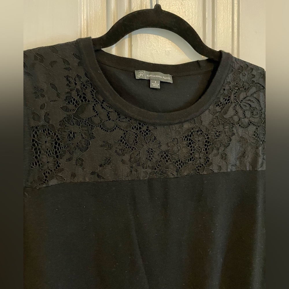 Adrianna Papell black sleeveless sweater • sz. Small • lace overlay on neckline